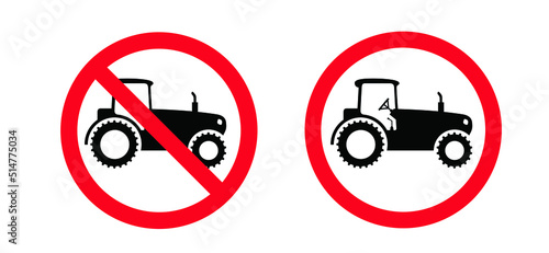Cartoon farm tractor machine. Stop, no farmer tractor on the road. Allowed vehicle symbol or icon. No tractors pictogram signboard. Forbidden, no tractors or agricultural vehicles.
