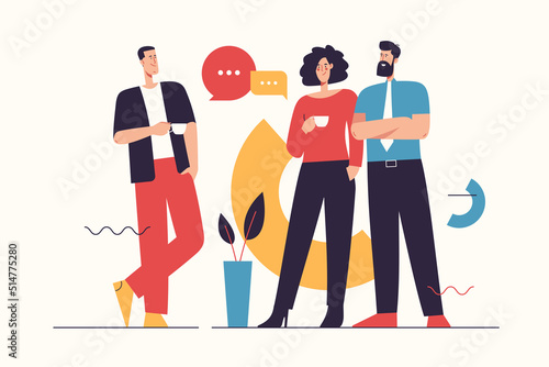Vector illustration depicting a group of people having coffee break and talking