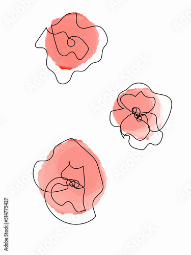 Vector illustration of watercolor flower with black line. Design for interior decoration, postcards, paintings and websites. Set of multicolored flowers. Vector isolated flowers on a white background
