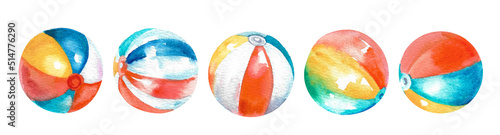 Watercolor beach balls. Collection of colorful beach balls for playing on the water photo