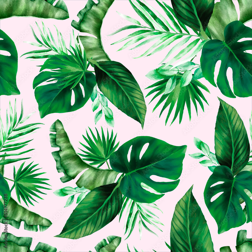 Elegant green tropical leaves watercolor seamless pattern