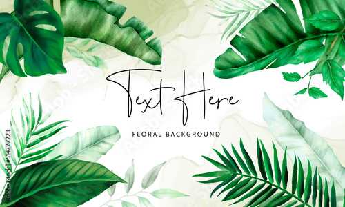 Elegant green tropical leaves watercolor background