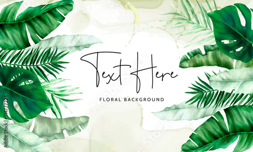 Elegant green tropical leaves watercolor background