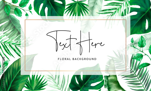 Elegant green tropical leaves watercolor background