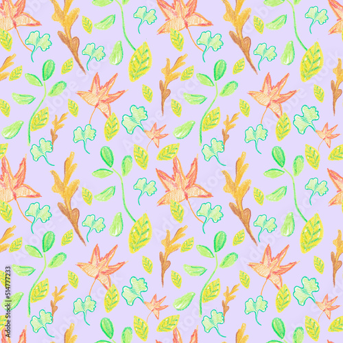 Seamless pattern with pumpkins drawn in wax crayons on a purple background.Repeating,festive hand painted oil pastel print in children's style.Designs for textiles,fabric wrapping paper,printing.