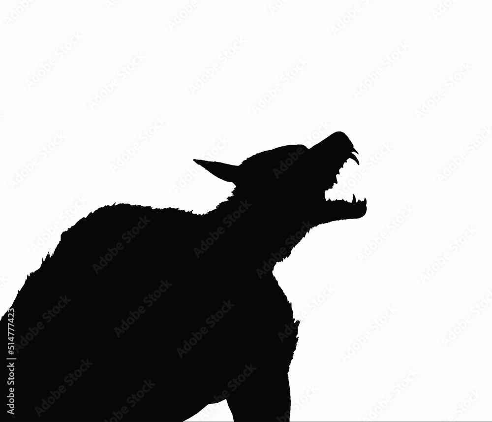 Illustration of a Werewolf Dogman cryptid in silhouette howling against a white background