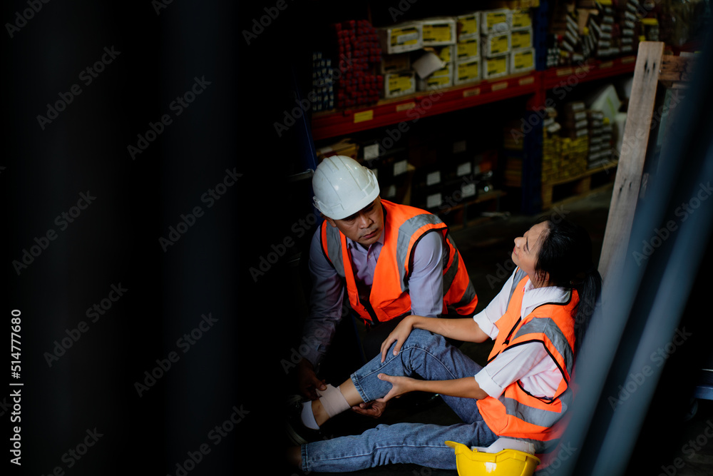Work accidents of worker in the workplace at warehouse area, Injury at Work. Work accidents of worker in the workplace at warehouse area, Injury at Work.