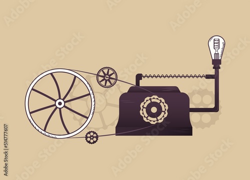 Vintage perpetual motion machine. Old experimental device with wheel connections and lamp for uninterrupted movement, made in style of 19th century and working on gravitational vector physics