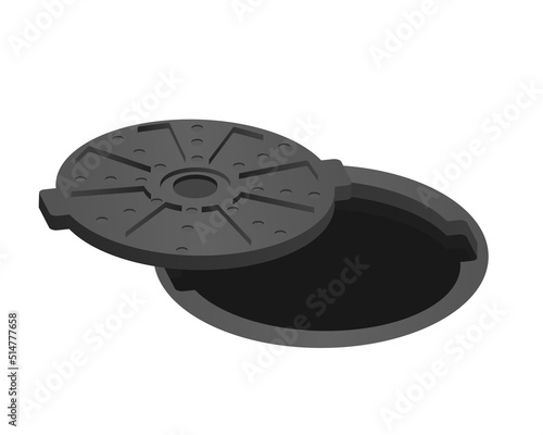Open black sewer hatch. Danger will fall into sewer hole an industrial drainage system for draining waste vector water