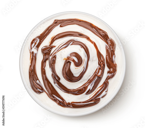 Fotografie Ice cream with chocolate topping isolated on white background, top view