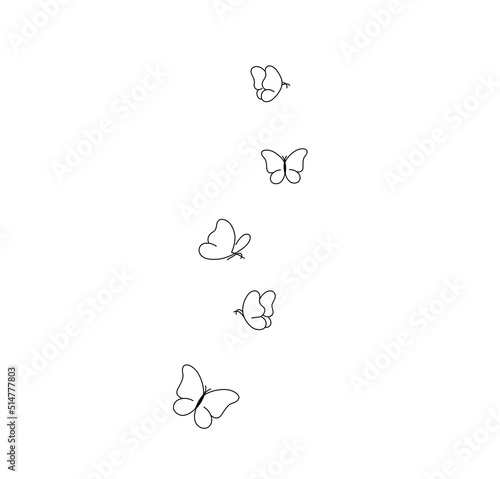Vector isolated lots of small fluttering butterflies colorless black and white contour line drawing