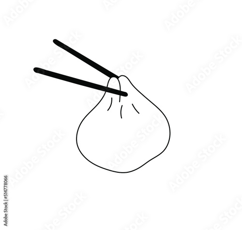 Vector isolated single dim sum in chopsticks chinese food colorless black and white contour line doodle drawing