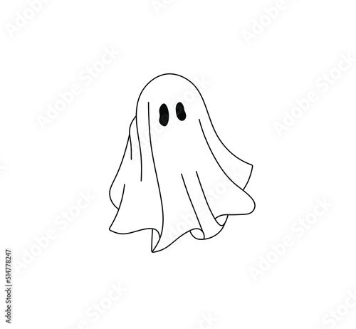 Vector isolated cute cartoon ghost under the sheet contour line drawing. 