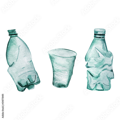 Plastic crockery, bottle, glass, watercolor imitation vector