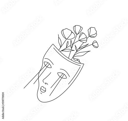 Vector isolated white theatre mask with flowers colorless black and white contour line drawing