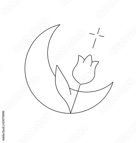 Vector isolated one  tulip flower and crescent moon colorless black and white contour line symbol photo