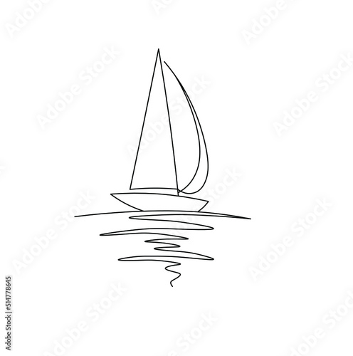 Vector isolated one line single line sailboat with reflection colorless black and white graphic art drawing