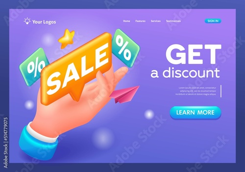 3D Isometric, cartoon. Big hand of a businessman arranges a sale. Get a discount. Trending Landing Page