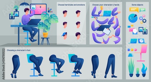 Stylized Business Character, Male designer. Set for Animation. Use Separate Body Parts to Create An Animated Character. Set of Emotions, Hairstyles, Hands and Feet