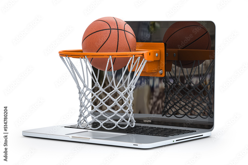 Basketball ball and hoop on the laptop. Online sport video game concept.