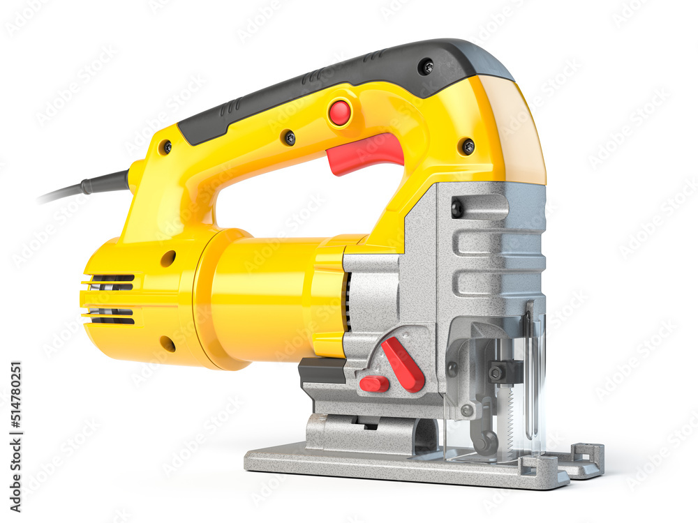 Yellow electric jigsaw on yellow background. Electric tool for carpenter. Yellow electric jigsaw on yellow background. Electric tool for carpenter.