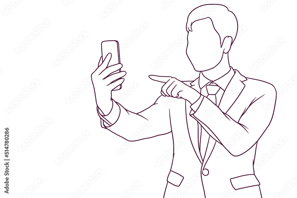 Young businessman having a video conference call. hand drawn style vector illustration