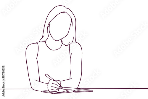 beautiful woman writing in notebook. hand drawn style vector illustration