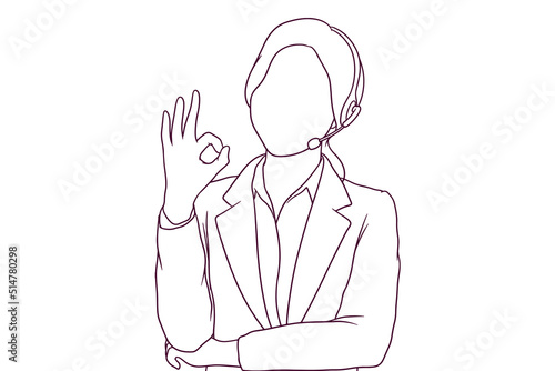 young customer care showing ok gesture. hand drawn style vector illustration