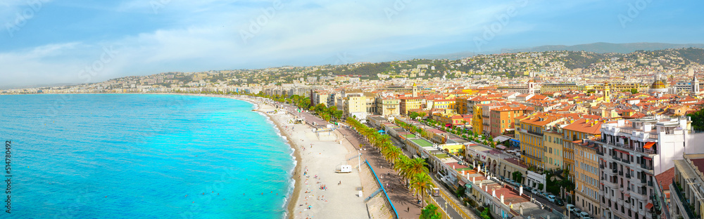 bay of angels nice france. View of the promenade Mediterranean Sea. relaxing time und travelling background. On the road trip panoramic banner