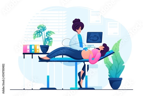 Gynecologist woman will make an examination of a pregnant woman on an ultrasound machine. Concept for web design