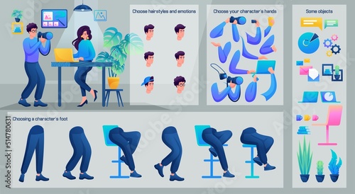 Stylized Character, Male photographer takes pictures of a model. Set for Animation. Use Separate Body Parts to Create An Animated Character