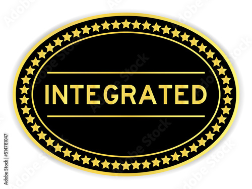 Black and gold color round label sticker with word integrated on white background