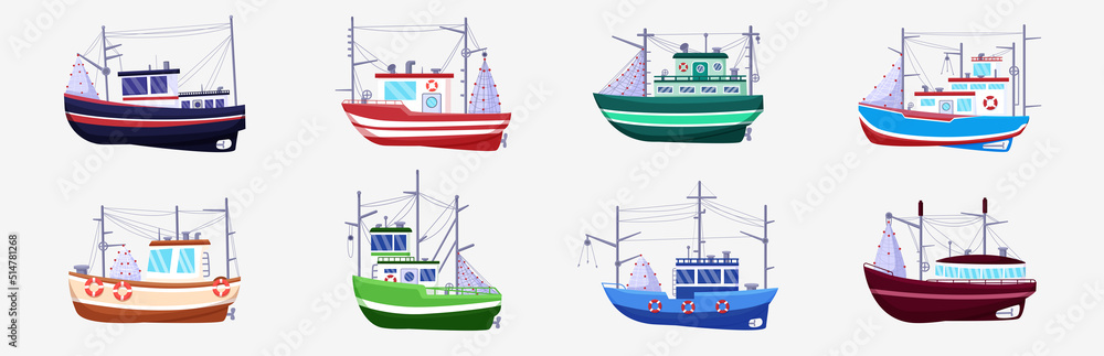 Sea fish boat. Fisherman cargo by vessels. Industrial river seafood ship. Trawlers in waves. Fishing yacht with crane and tackles. Fisher motorboats side view. Vector illustration set