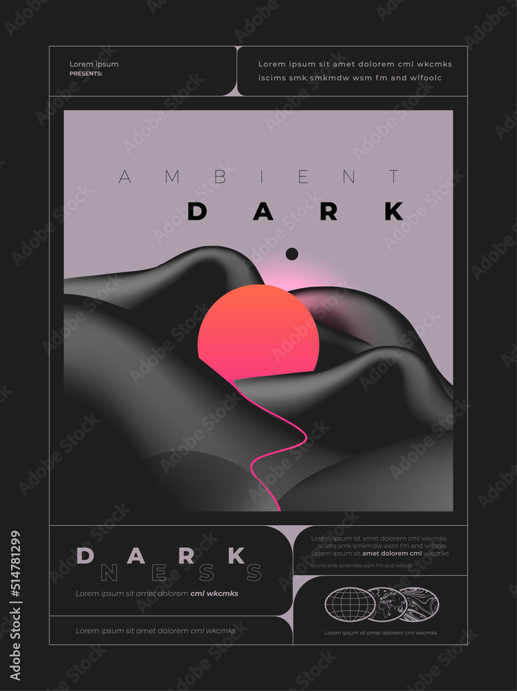 Dark ambient techno rave music flyer or poster design template with abstract black liquid shapes and sunset. Vector illustration - obrazy, fototapety, plakaty 