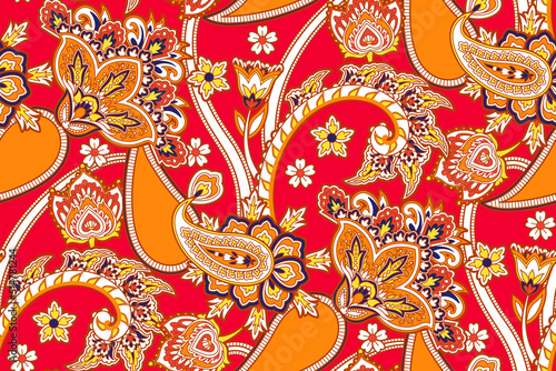 Textile design with beautiful flowers and elegant paisley in traditional motif , folklore ornament