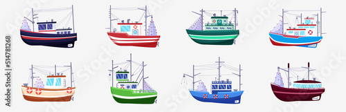 Sea fish boat. Fisherman cargo by vessels. Industrial river seafood ship. Trawlers in waves. Fishing yacht with crane and tackles. Fisher motorboats side view. Vector illustration set