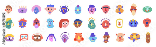Abstract avatar characters. Cute funny doodle drawing, people portrait, guy or girl for user profile trendy faces with smile. Web social media icons collection. Vector isolated illustration