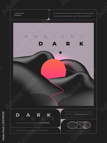 Dark ambient techno rave music flyer or poster design template with abstract black liquid shapes and sunset. Vector illustration photo