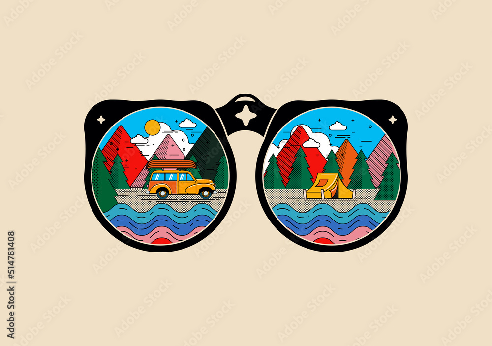 Φωτογραφία Touristic outdoors adventure vacation badge or sticker or t-shirt design template with front of binoculars silhouette with colorful mountain camping camping scenery in lens