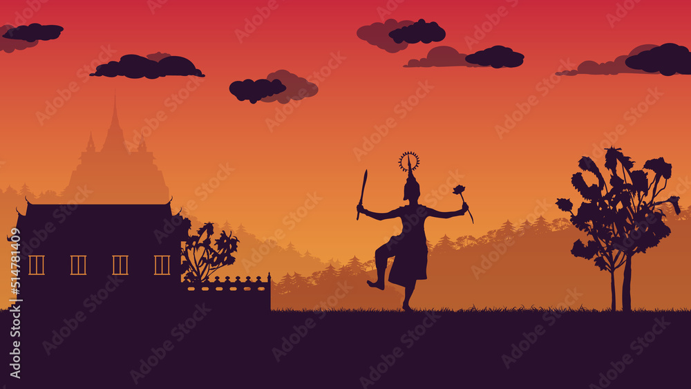 silhouette of traditional Thai Dance and wall ancient temple on gradient background