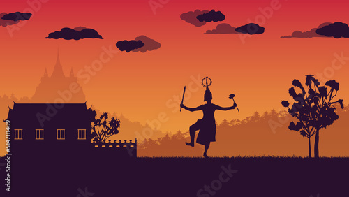 silhouette of traditional Thai Dance and wall ancient temple on gradient background