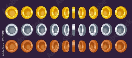 Animate game coins. Video gold elements of casino. Rotating money. Mobile interface. 2D flip treasures. Sequence set of falling chips. Golden, silver and bronze tokens. Vector cash icons