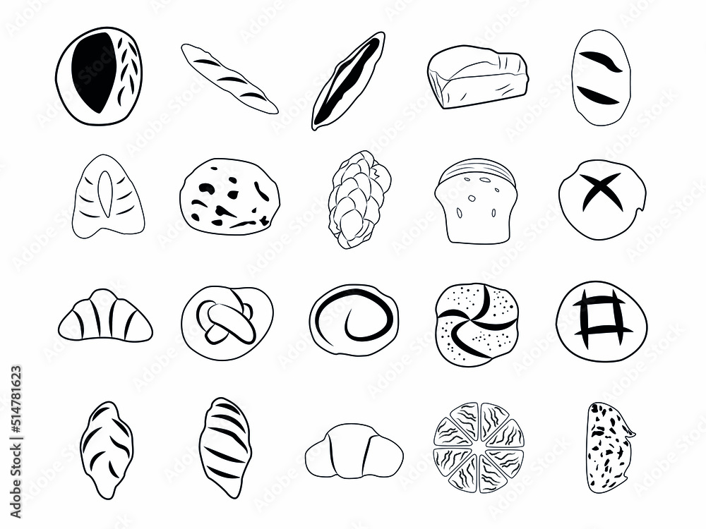 bread bakery line art icon set .flour product doodle