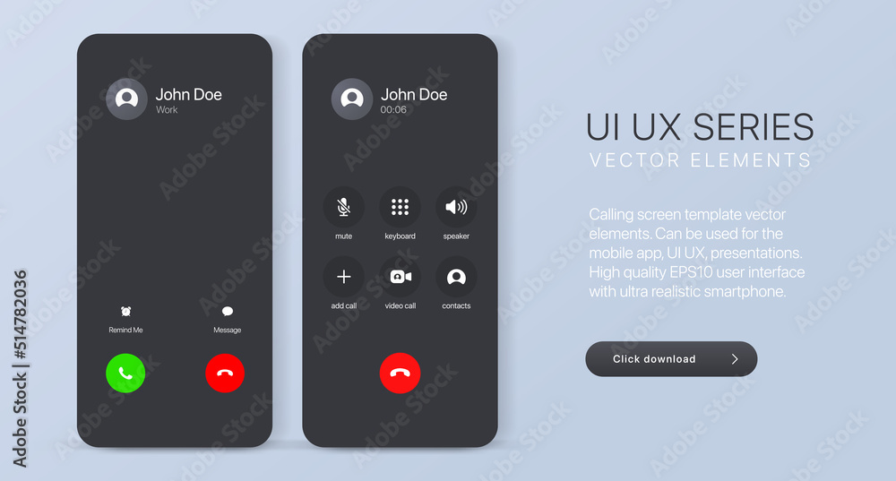 Voice call screen. Mockup incoming call, voicemail screen, smartphone interface vector UI UX template for application. New Call screen template. Mobile app display template. Vector illustration. - obrazy, fototapety, plakaty 