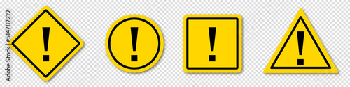 Set warning sign, alert icon. Danger warning attention sign. Exclamation point on yellow sign. Vector illustration on transparent background.