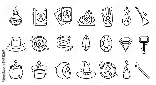 Magic circus icons. Witchcraft line pictograms set. Magician hat. Mirror and wand. Magical trick. Tarot card. Mystery and fantasy wonderland for witch or fairy. Vector illustration