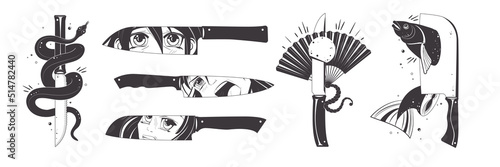 Manga knife and snake. Anime dagger. Asian sword and fan. Handle cut elements set. Chopped food. Eyes reflection in blade. Kawaii icons and shapes. Chef cutlery. Cartoon vector illustration