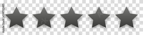 Five black stars with a shadow on a transparent background. The concept of ranking applications, games or websites. The concept of feedback and support evaluation. vector illustration.