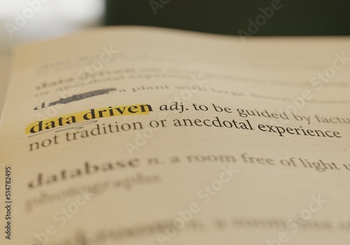 3D rendering close up of "data driven" in a dictionary