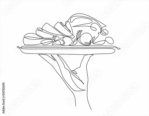 meat with vegetables dish. Vegetable salad.One continuous line drawing.The waiter carries food on a tray. Food in a restaurant. A hand holds a tray. Line Art isolated white background